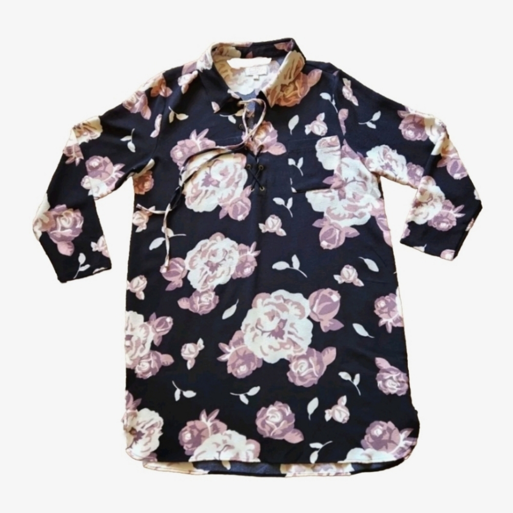 Mud Pie lace-up shirt Dress Floral Pattern  Size Large